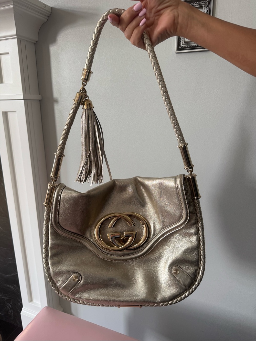 Gucci Metallic Gold Braided-Handle Shoulder Bag with Tassel